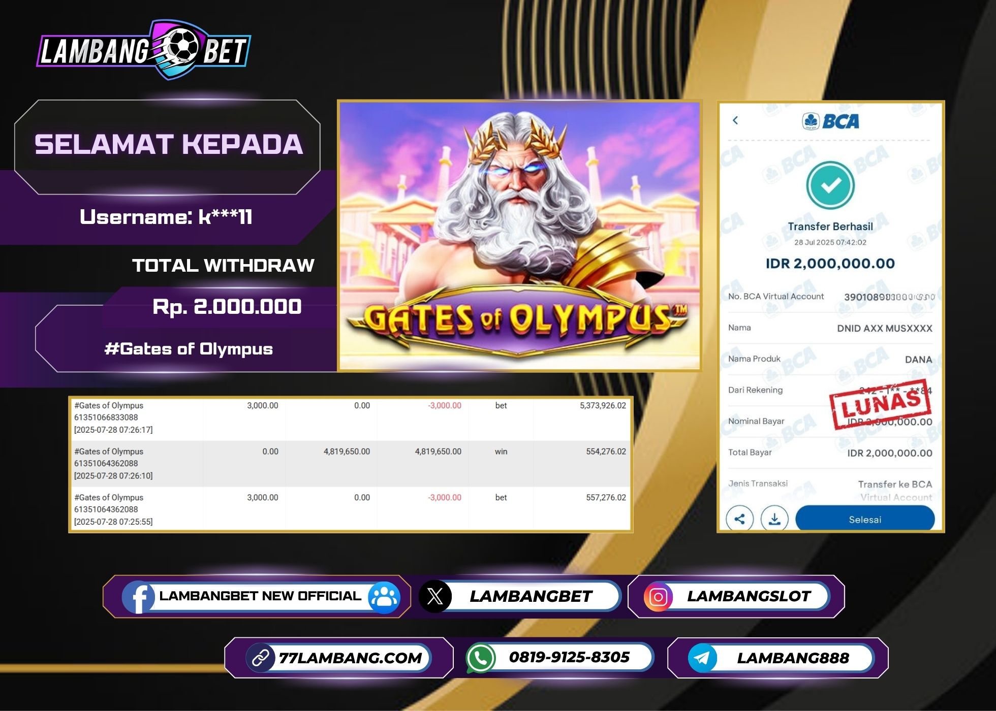 LAMBANGBET [28 JULY 2025] JACKPOT SLOT Gates of Olympus "Rp2.000.000" LUNAS